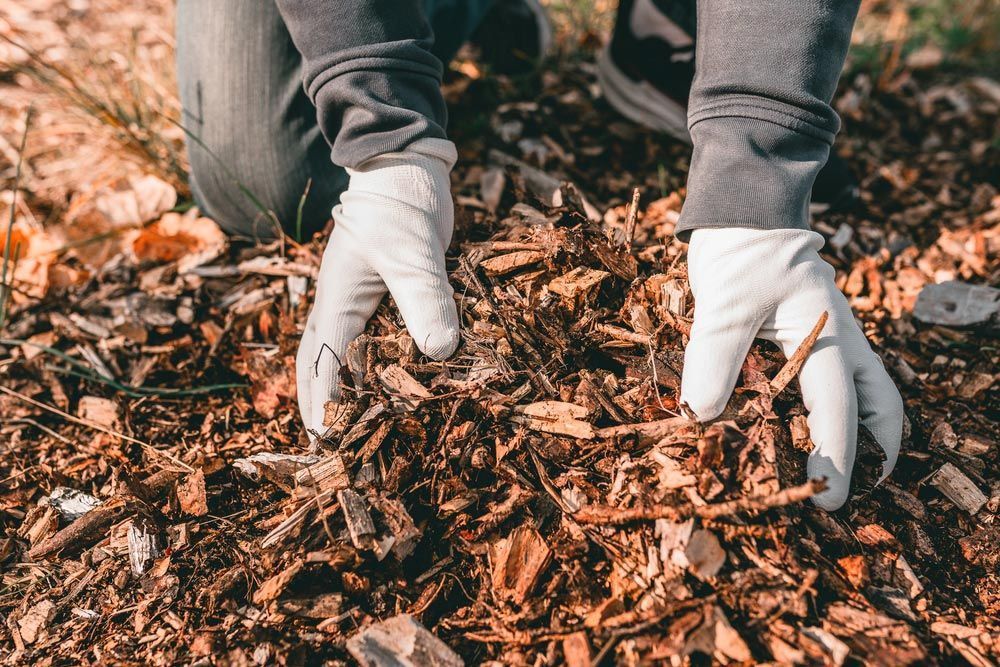Person in gloves kneeling, spreading mulch with their hands outdoors.