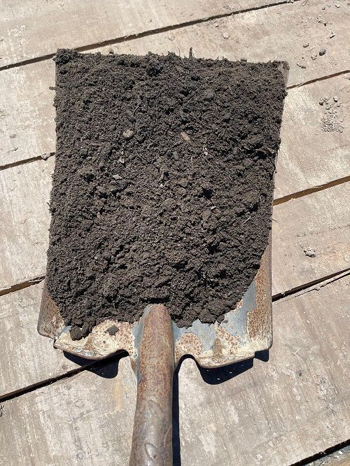 Shovel holding a full load of dark brown, rich-looking soil on a wooden surface.
