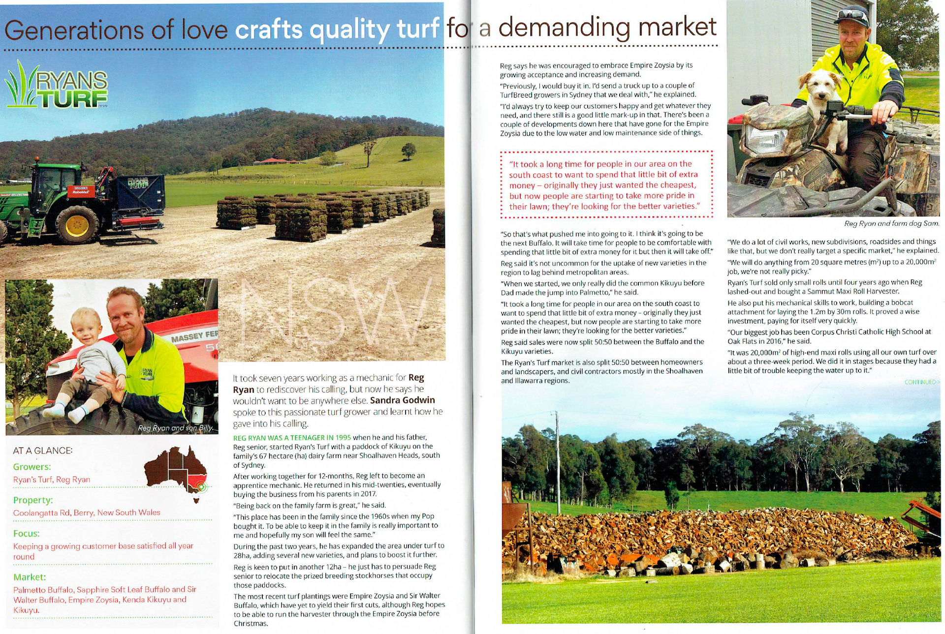 Red tractor mowing green grass in a field.
