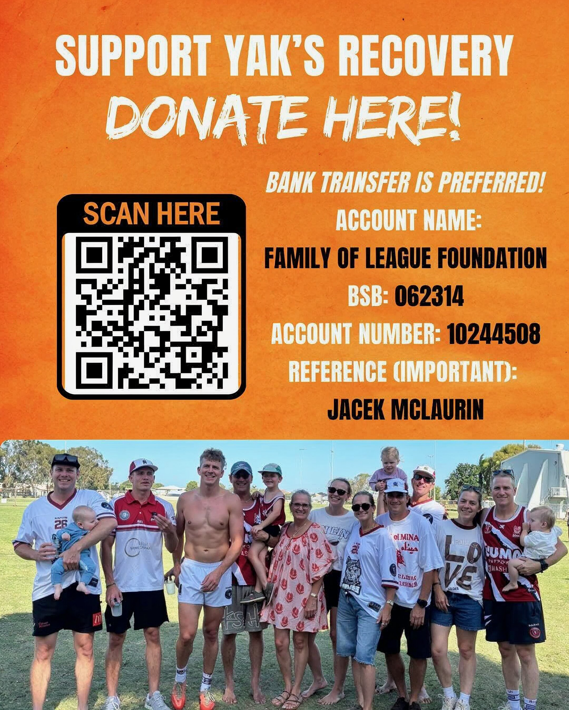 A fundraising flyer for Jacek McLaurin featuring a QR code, bank details, and a group of people standing outdoors.