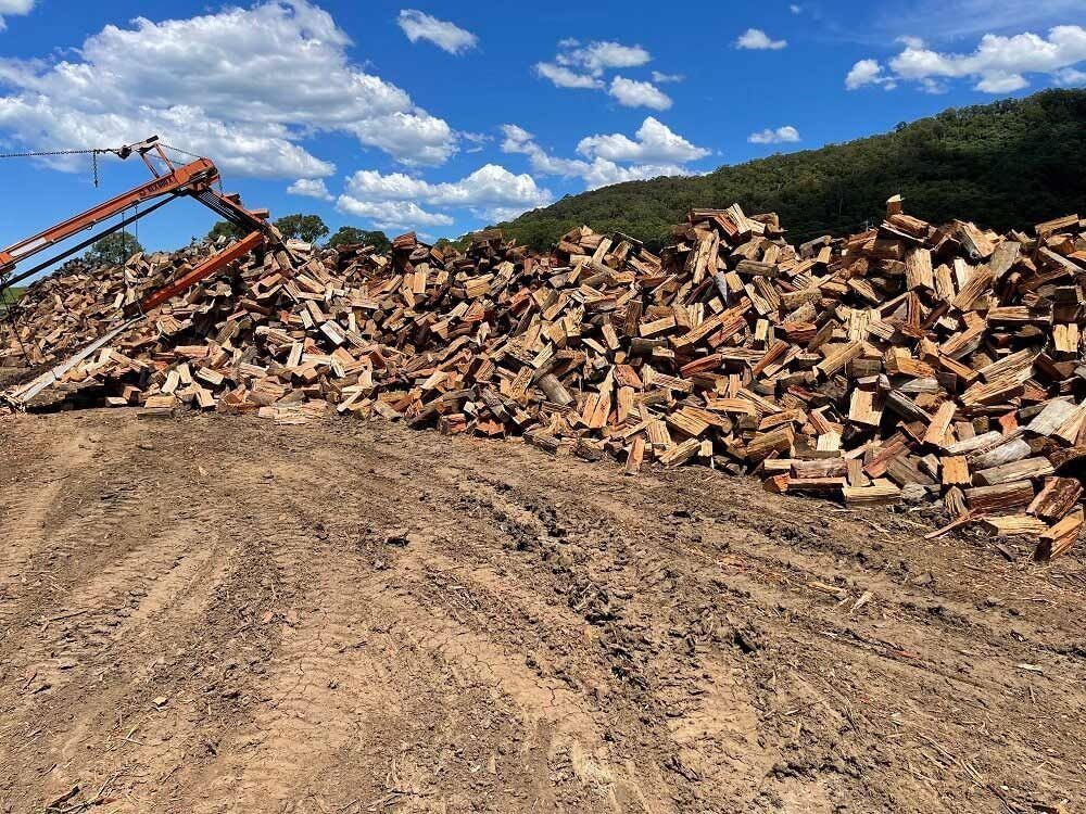 Pile of firewood next to an orange machinery under a cloudy blue sky. Ground is dirt and wood debris.