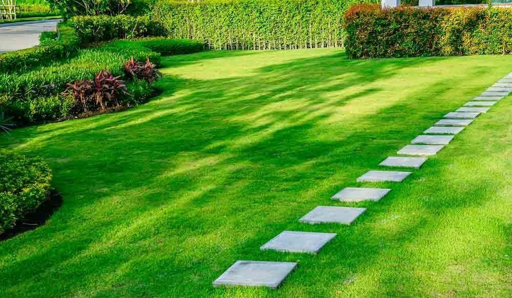 Lush green lawn with a stepping stone path, flanked by neatly trimmed bushes and vibrant landscaping.