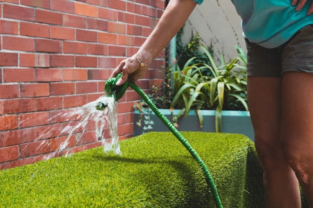 Woman watering artificial turf with a green hose in front of a brick wall and plants.