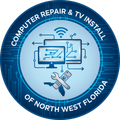 Logo: Computer repair & TV install in North West Florida, blue circle with computer, TV, remote, wrench, and Florida outline.