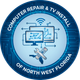 Logo: Computer repair & TV install in North West Florida, blue circle with computer, TV, remote, wrench, and Florida outline.