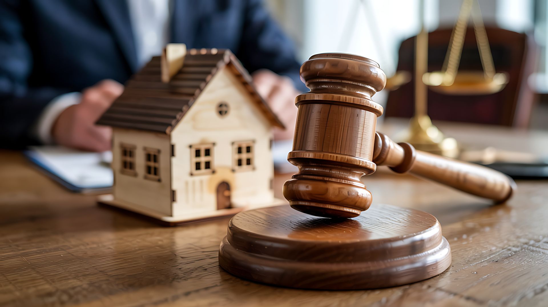 Wooden gavel and house model on a desk, with scales of justice and a person in the background.