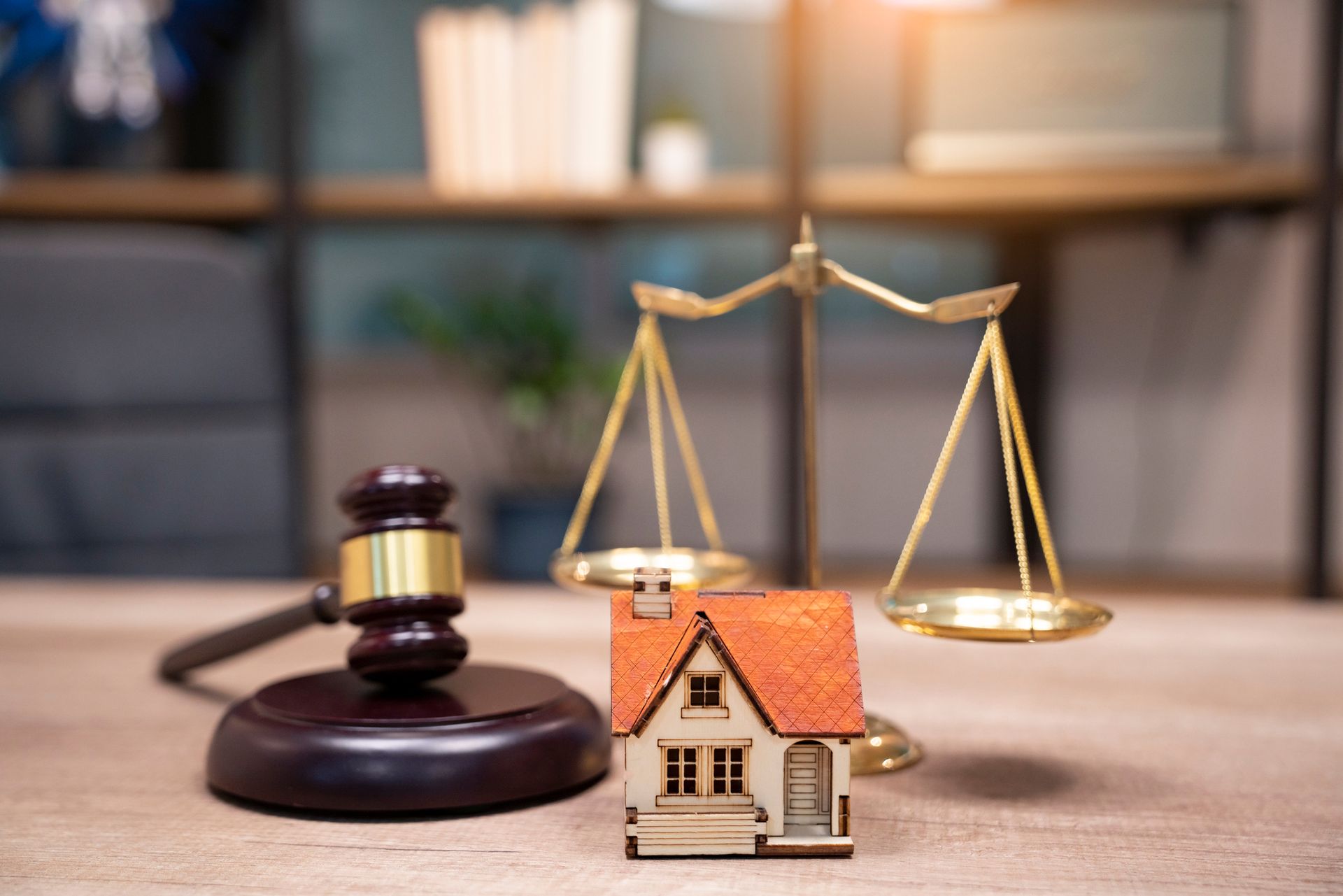 A small house is sitting on top of a wooden table next to a judge 's gavel and scales of justice.