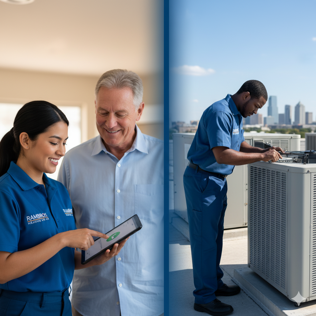 Technician with client, and technician working on rooftop AC unit.