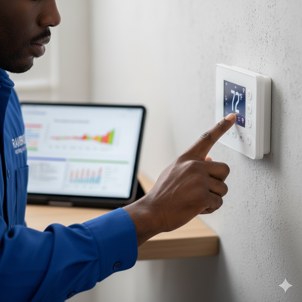 A Black man in a blue shirt adjusts a thermostat set to 72°F. A laptop displays charts on a desk.
