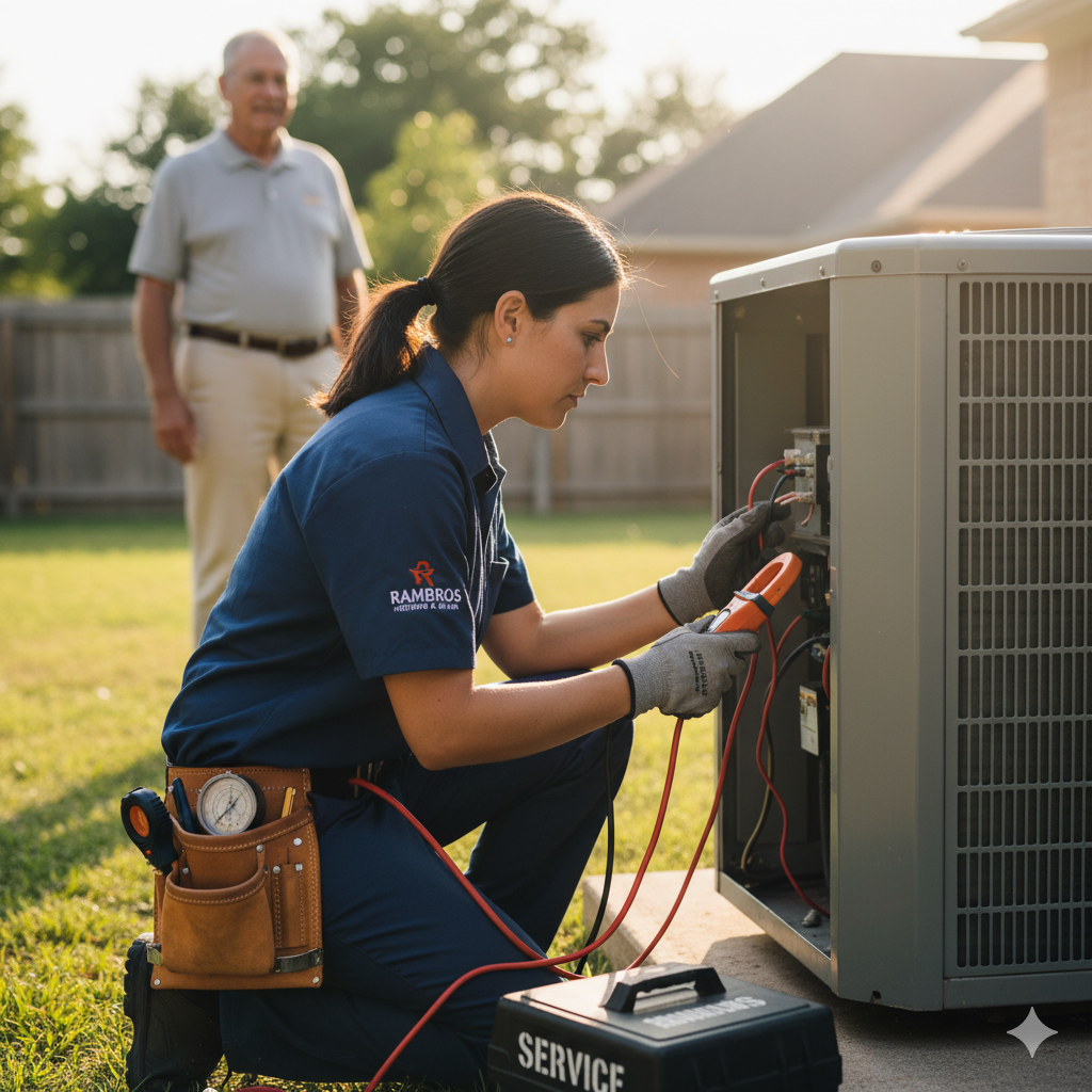 Female HVAC technician servicing a unit while a senior watches.