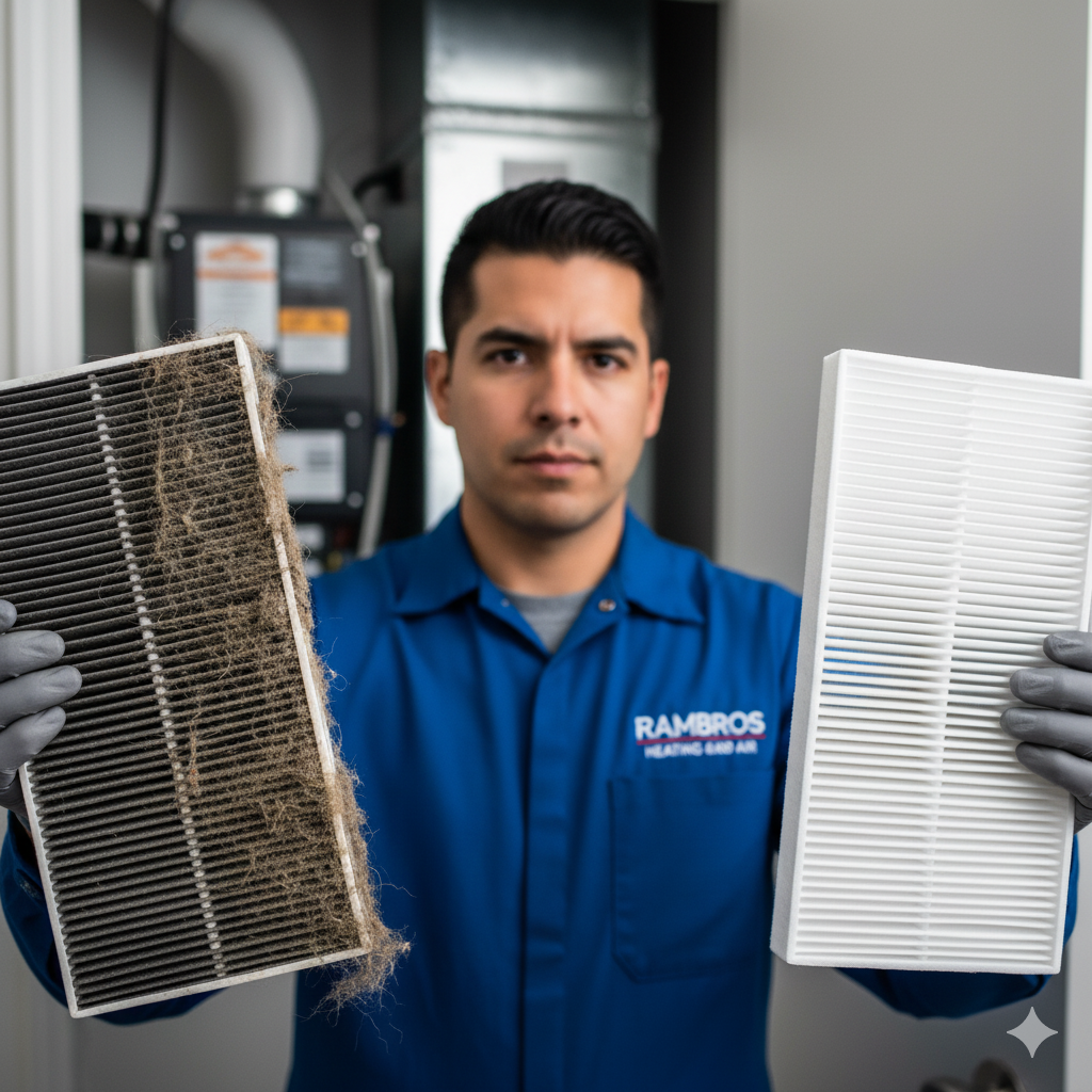 Man in blue uniform holding a dirty and new air filter in front of an HVAC unit.