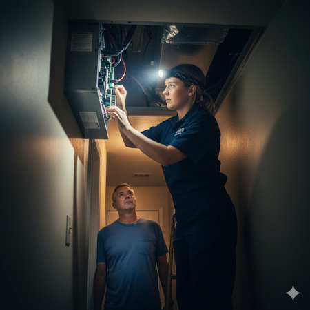 Woman in a dark space works on HVAC, shining light on the unit. Man watches.
