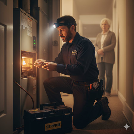 A technician kneels, fixing a furnace. An older woman watches in a hallway.