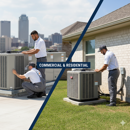 Two HVAC technicians servicing commercial and residential air conditioning units.