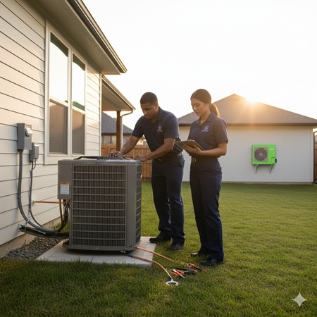 Two HVAC technicians inspecting a unit outside a house; one uses a tablet, the other works on the machine.