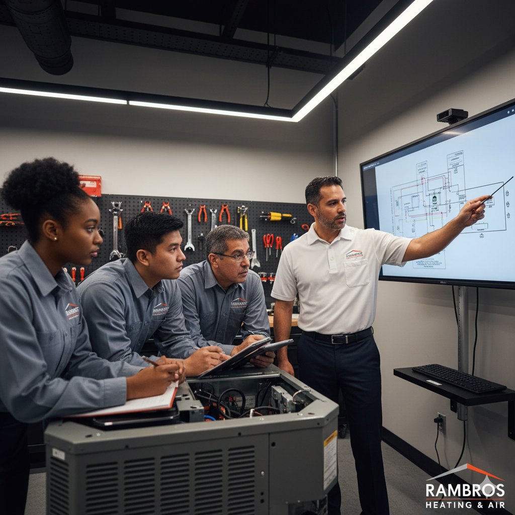 HVAC instructor points to a diagram on a screen for students, near an air conditioning unit.