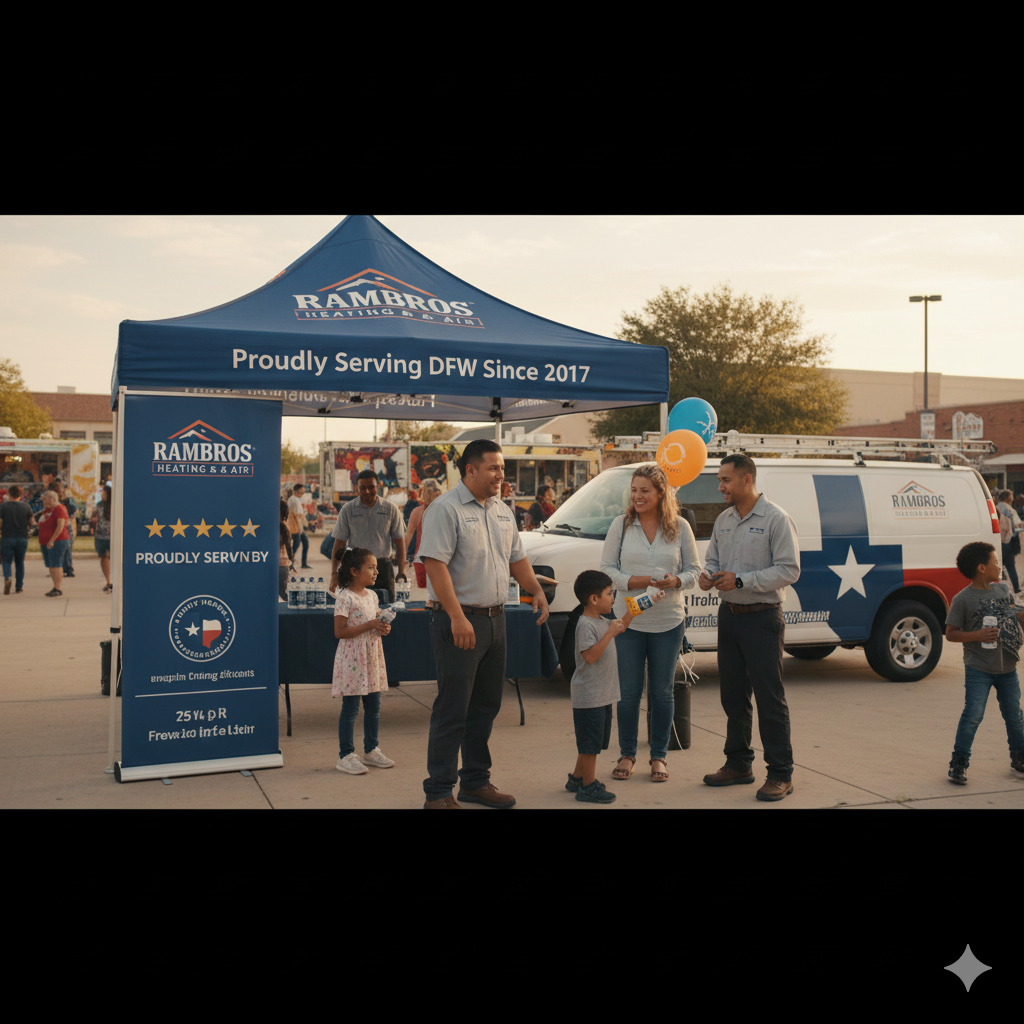 People at a community event, standing by a tent with a company vehicle, with the company logo.
