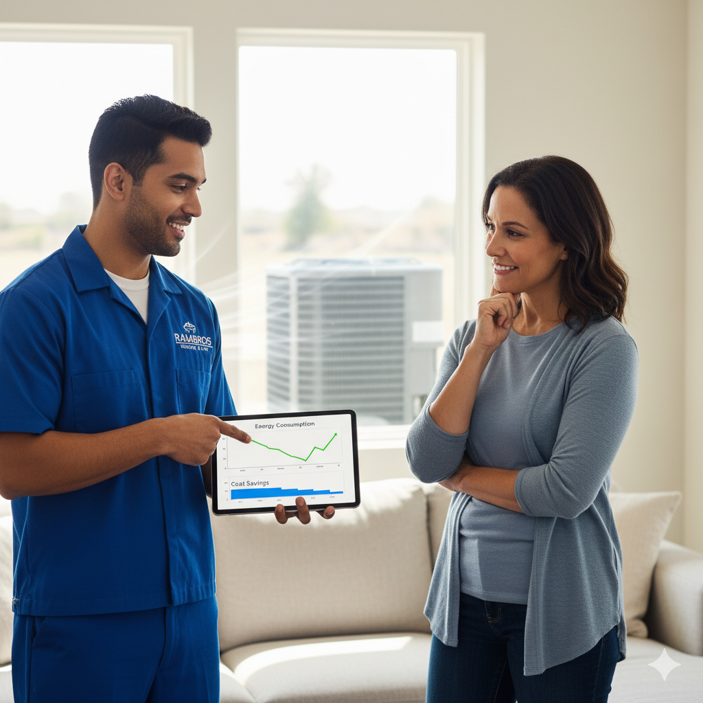 HVAC technician showing a woman a tablet with a graph inside a home, AC unit visible outside.