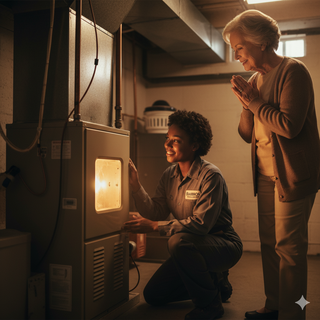 A Black woman in uniform inspects a furnace while an older woman watches, smiling in a basement setting.