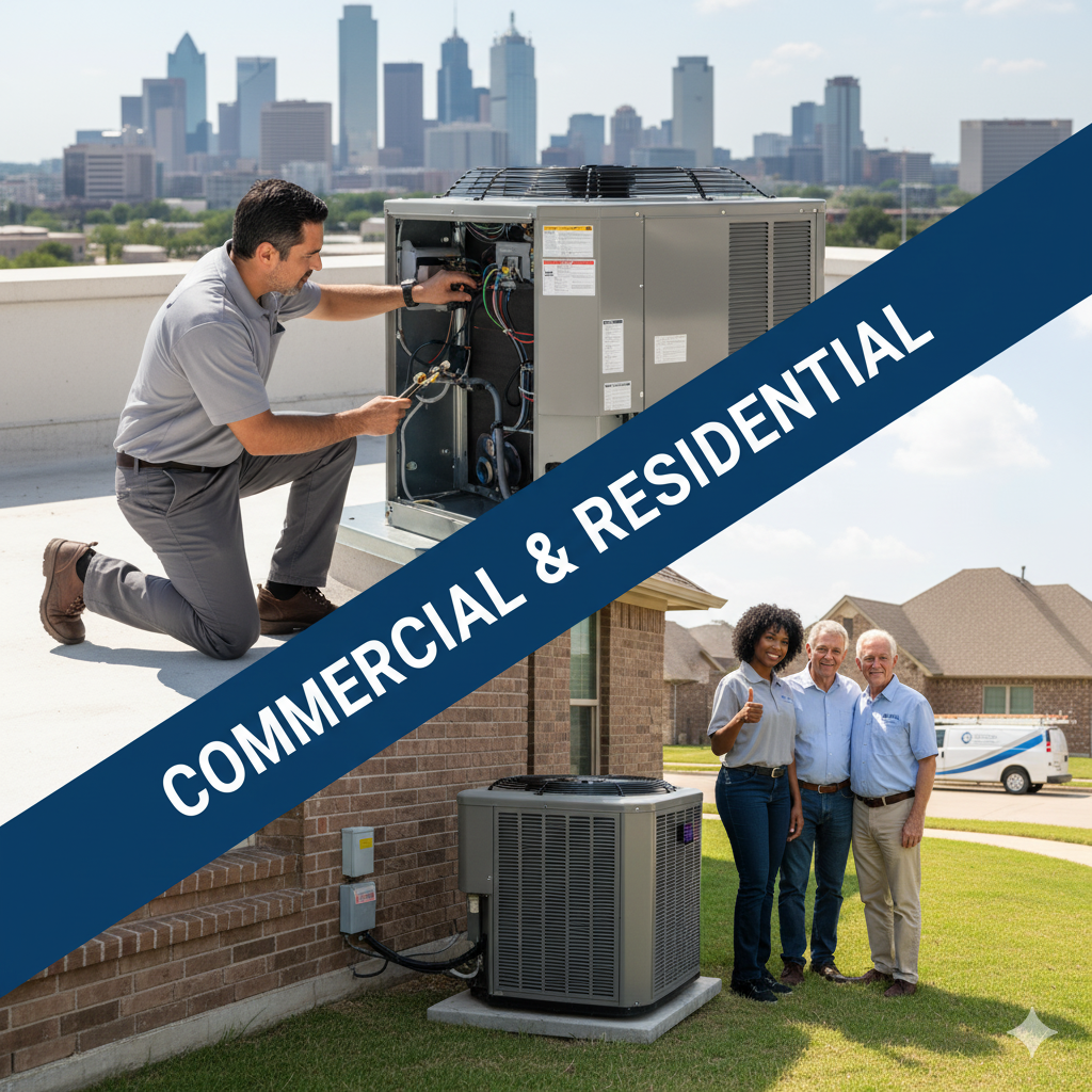 HVAC technician working on a rooftop unit with the Dallas skyline. Below, people pose by a residential unit.