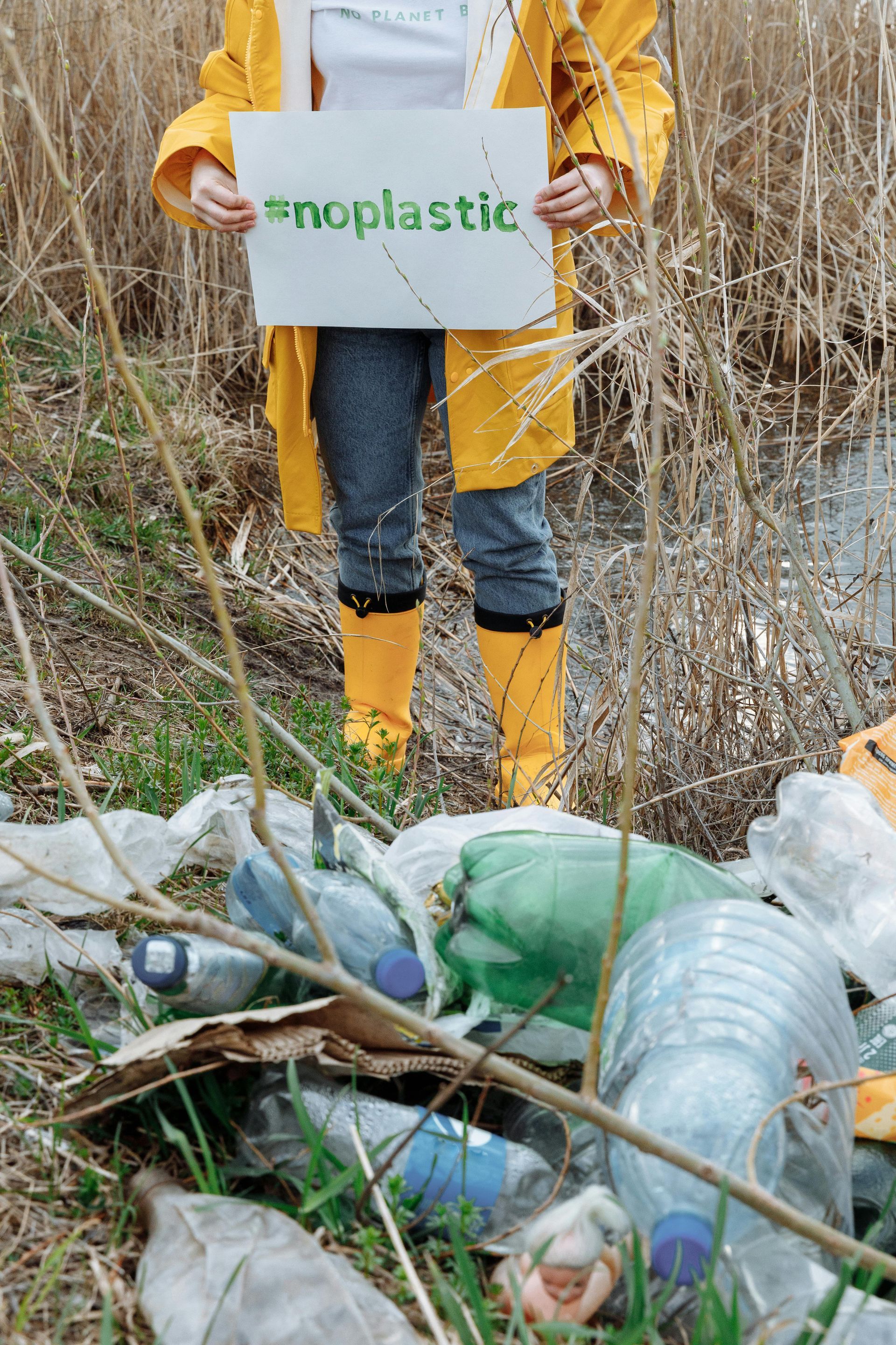 plastic bottle litter on long grass next to pond