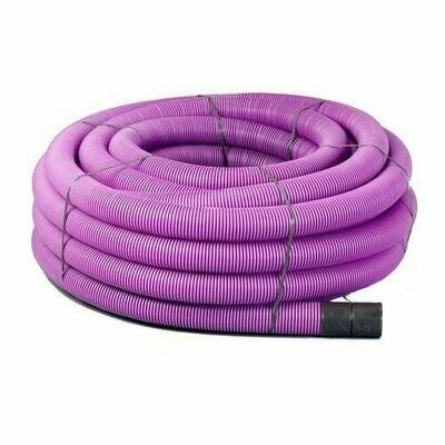 a roll of purple hose with a black end on a white background .