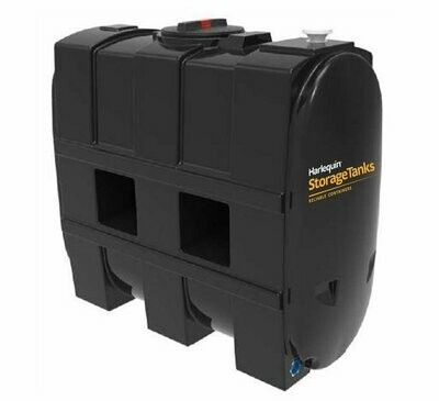 a black plastic water tank with a yellow logo on it .