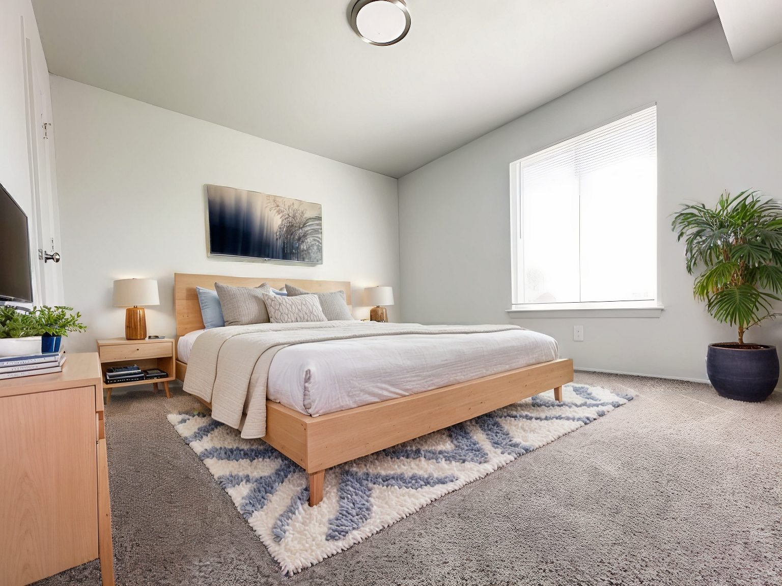 A bedroom with a king size bed , a rug , a dresser , and a television.