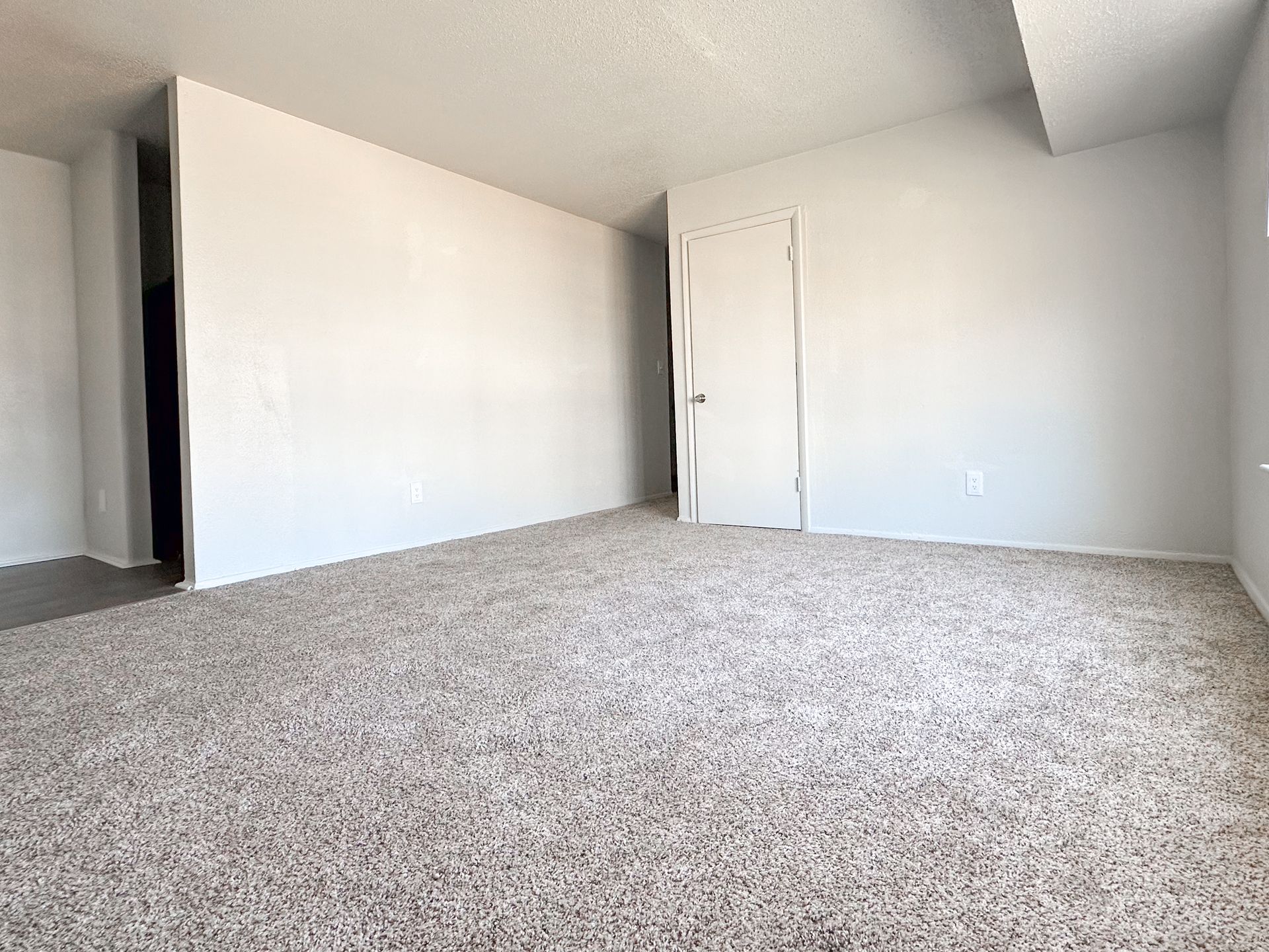 An empty living room with a carpeted floor and white walls.
