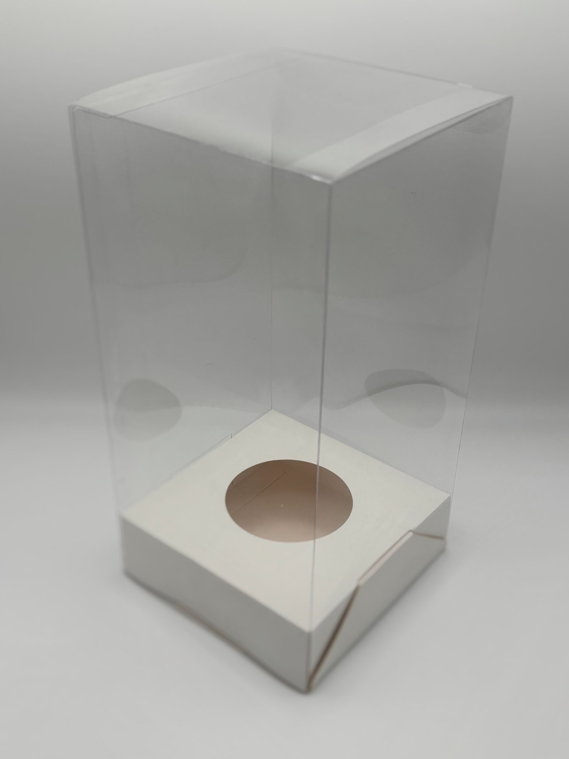 Scatola di plastica trasparente con base bianca e apertura circolare, probabilmente destinata all'esposizione di prodotti.