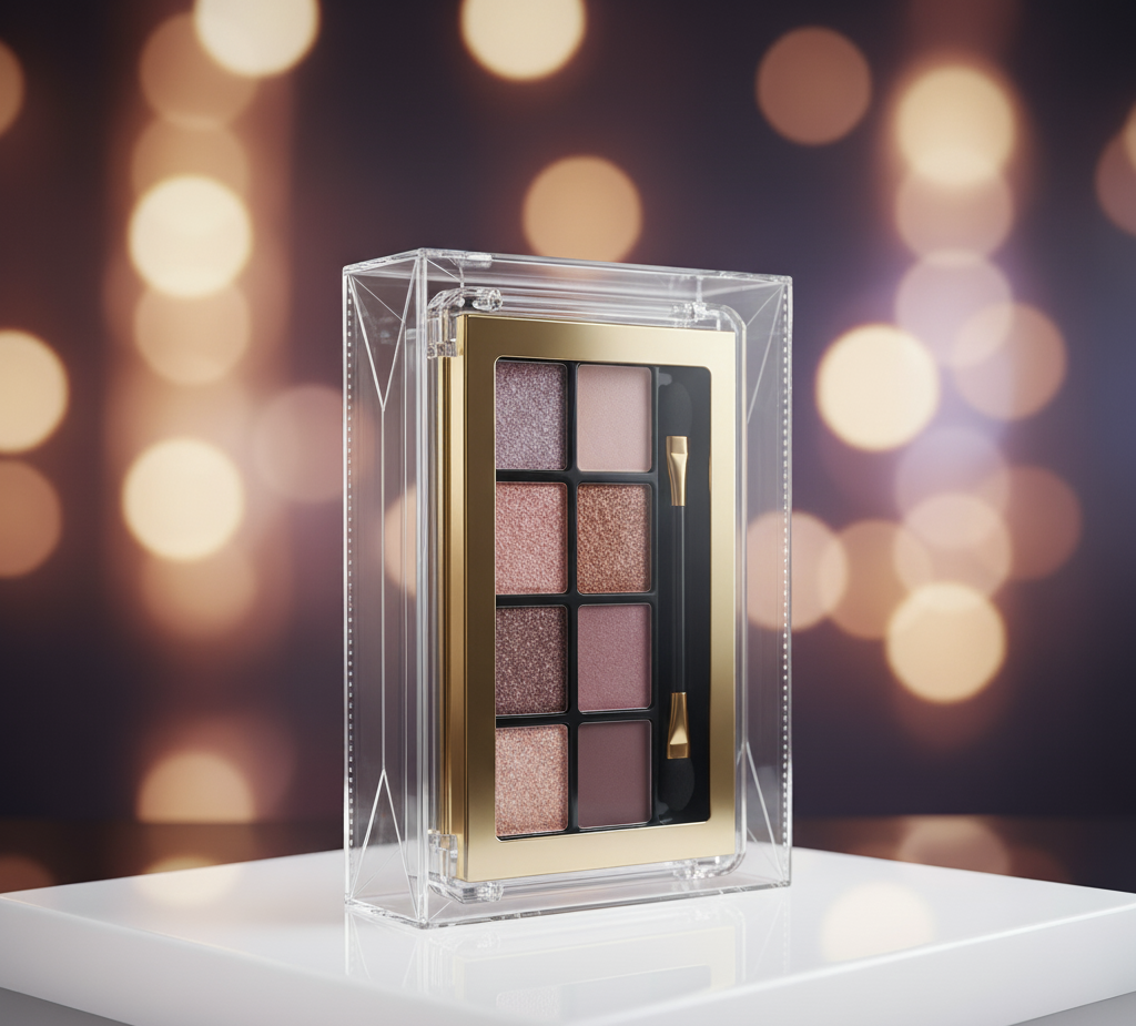 Palette di ombretti per il trucco in una custodia in acrilico trasparente, con cornice dorata, su una superficie bianca e luci bokeh sfocate.