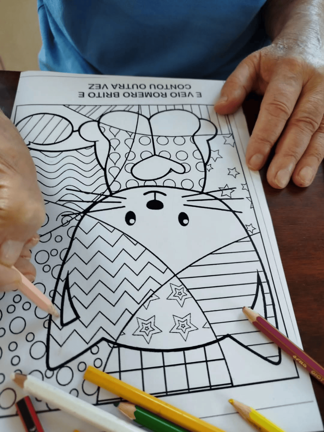 Persona che colora una bizzarra pagina da colorare a forma di foca con matite colorate, seduta su un tavolo.