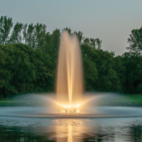 a fountain is lit up in the middle of a lake surrounded by trees .