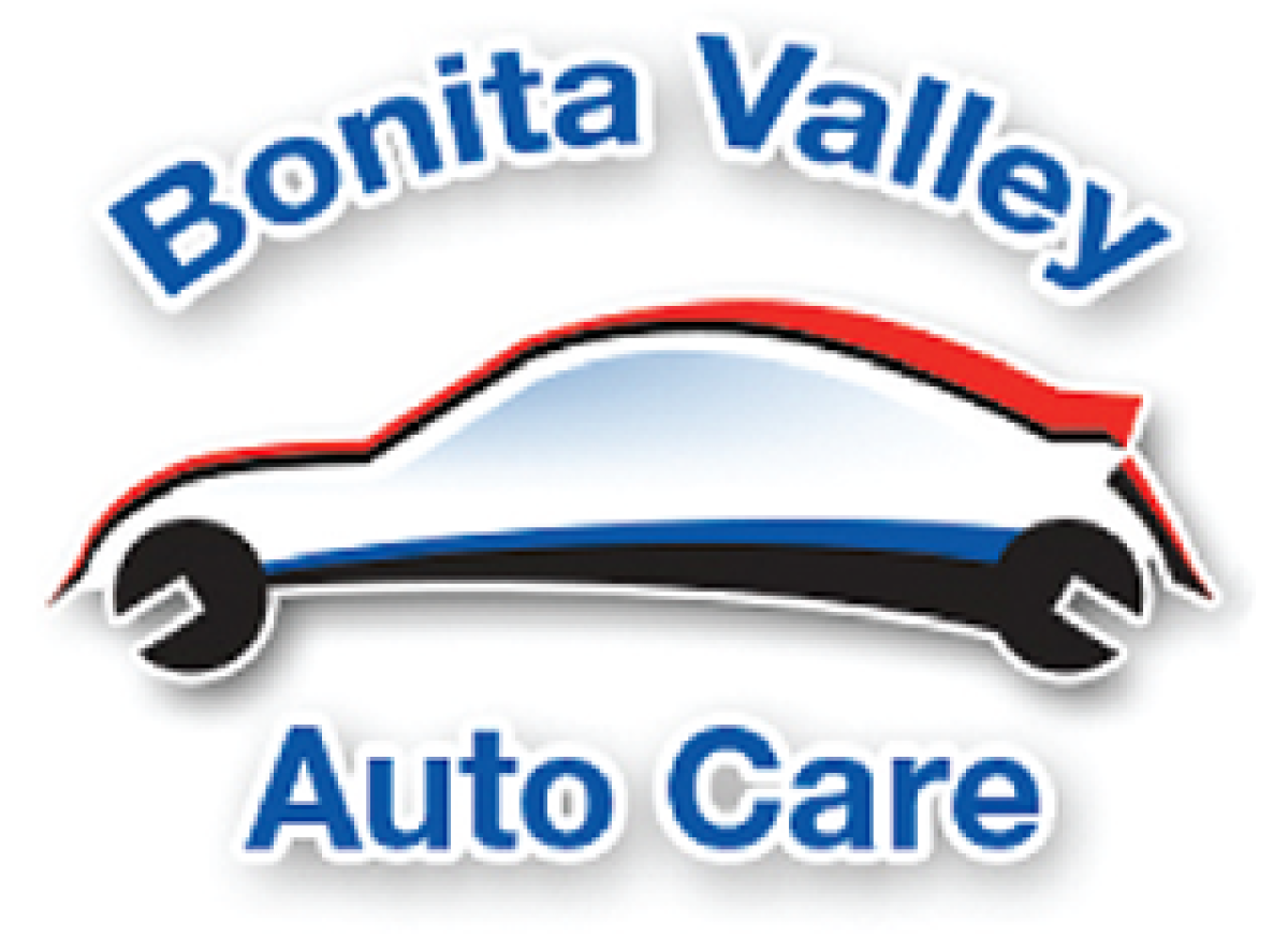 Logo for Bonita Valley Auto Care, featuring a car silhouette with wrench-shaped tires, in blue, red, and black.