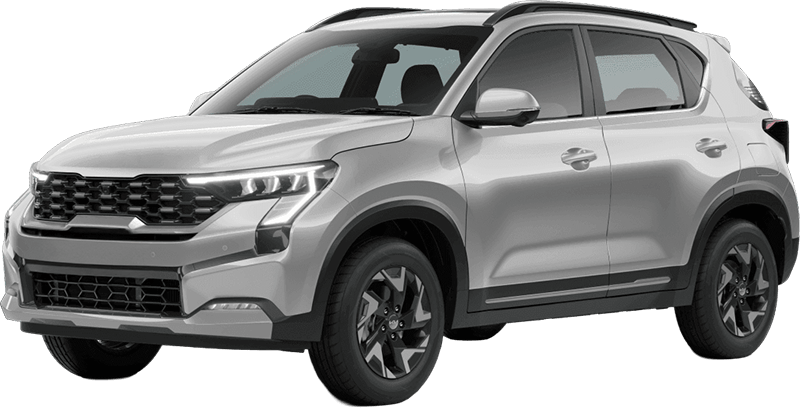 A silver Kia Sonet subcompact SUV viewed from the front three-quarter angle against a plain white background.