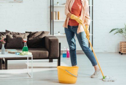 Cleaner with mop and bucket cleaning tile flooring in living room.
