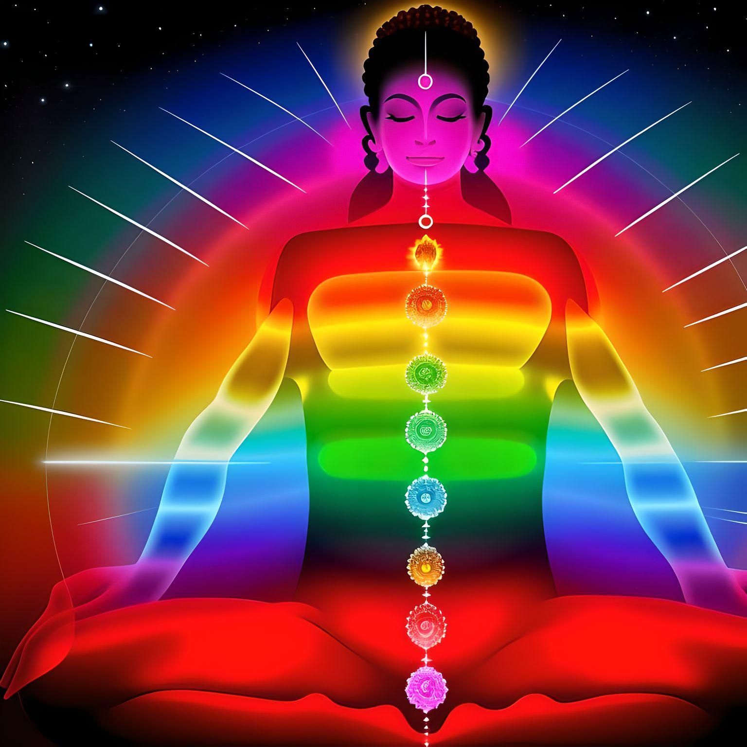 A woman is sitting in a lotus position with her eyes closed surrounded by rainbow colored chakras