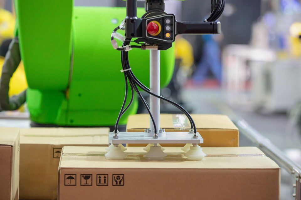 robotic arm packaging a box