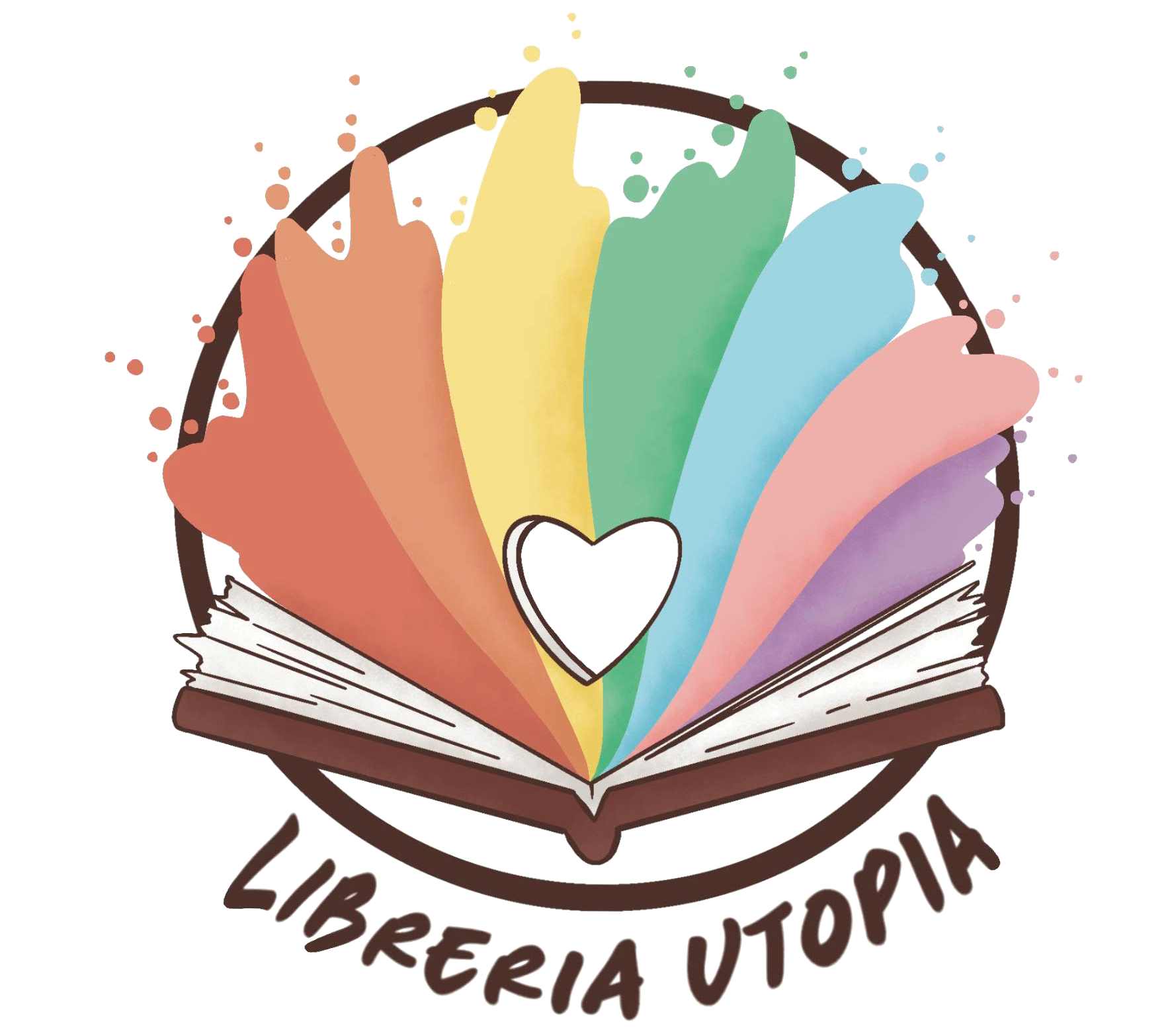 Logo della Libreria Utopia: libro aperto con pagine arcobaleno e un cuore bianco