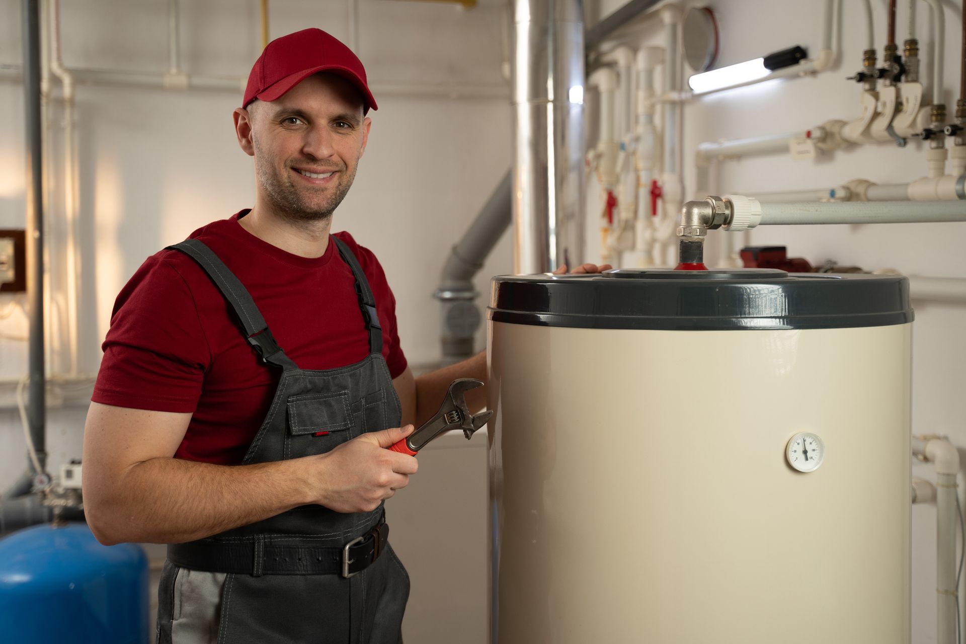 Professional plumber in a red uniform, performing hot water installation in a residential house.