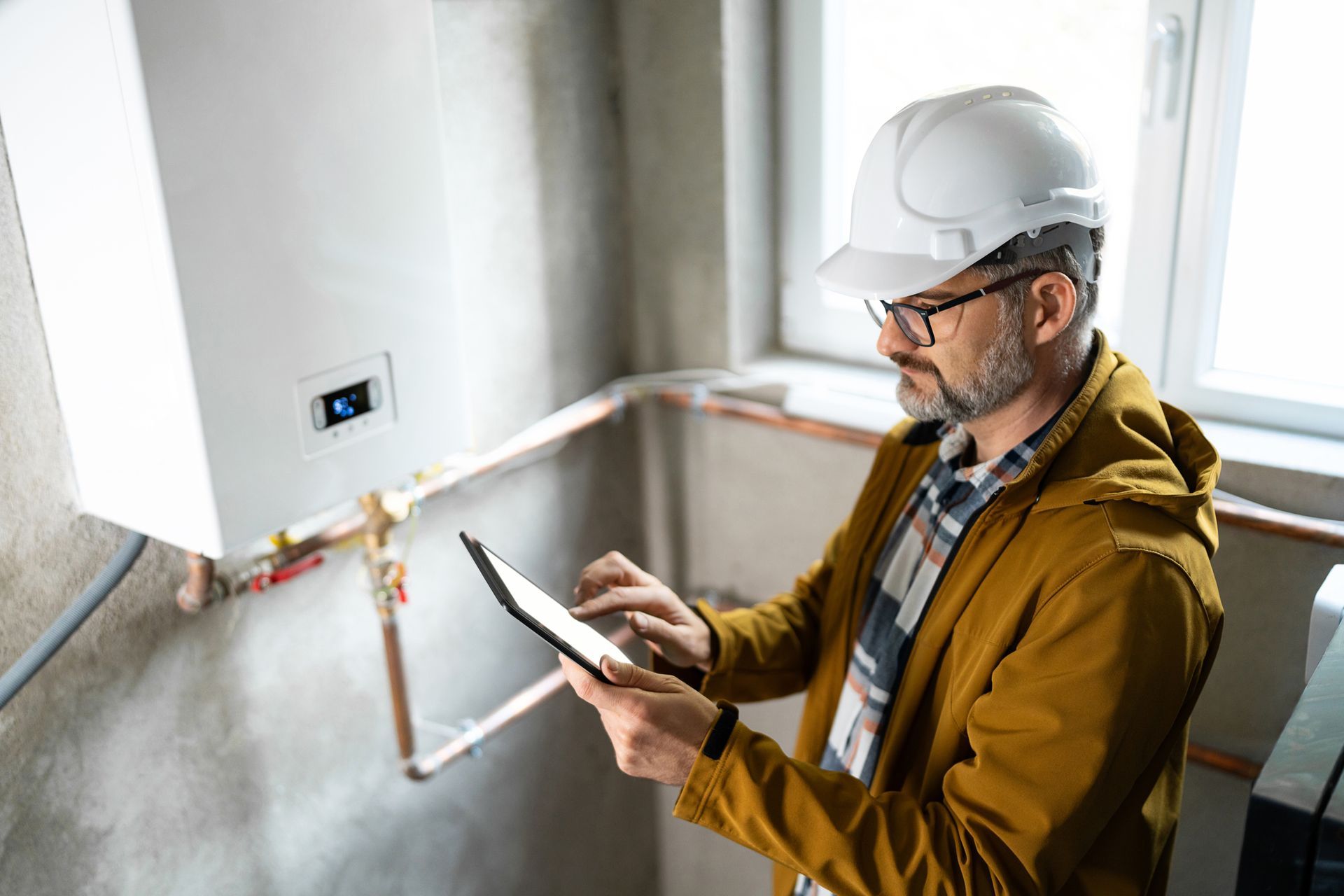 Worker in hard hat using a tablet near a wall-mounted heating unit.