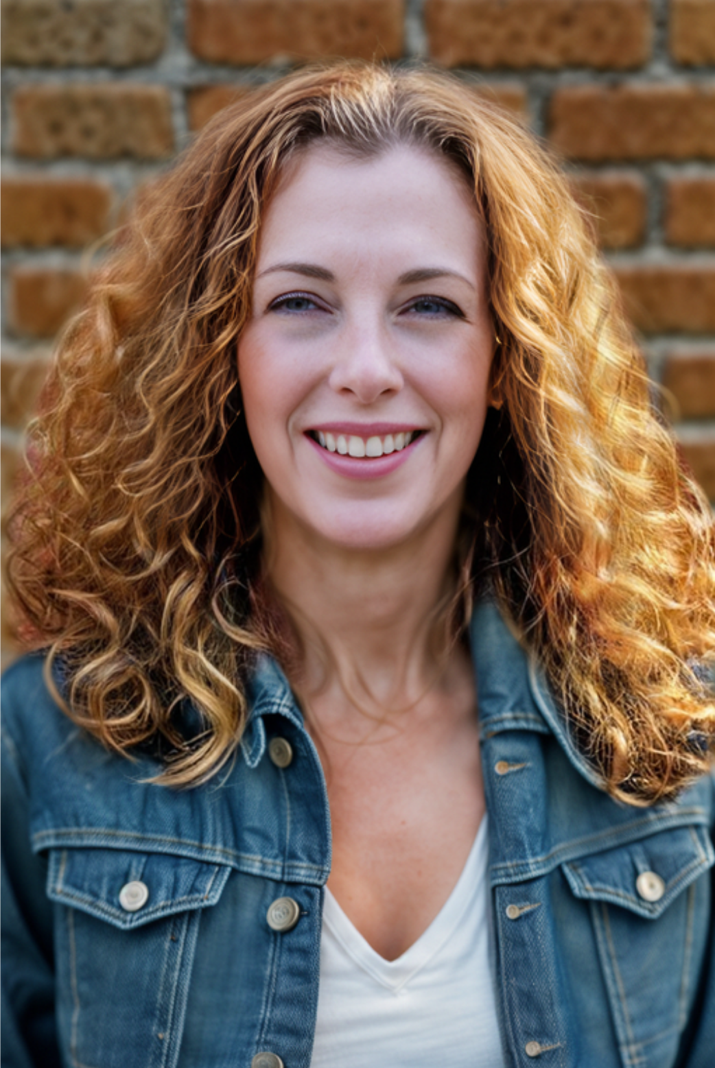 Headshot Tina Miller outside in white shirt and denim jacket, curly red hair.