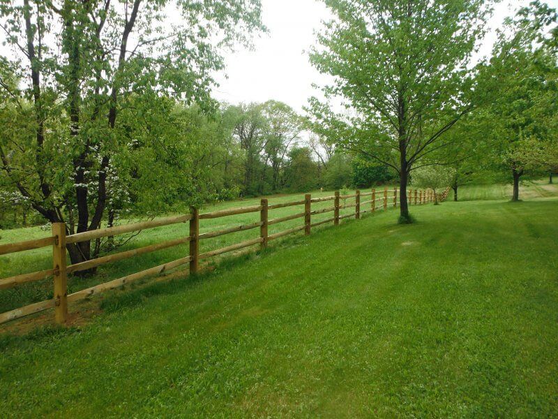 Grassy field bordered by a wooden fence and trees on an overcast day