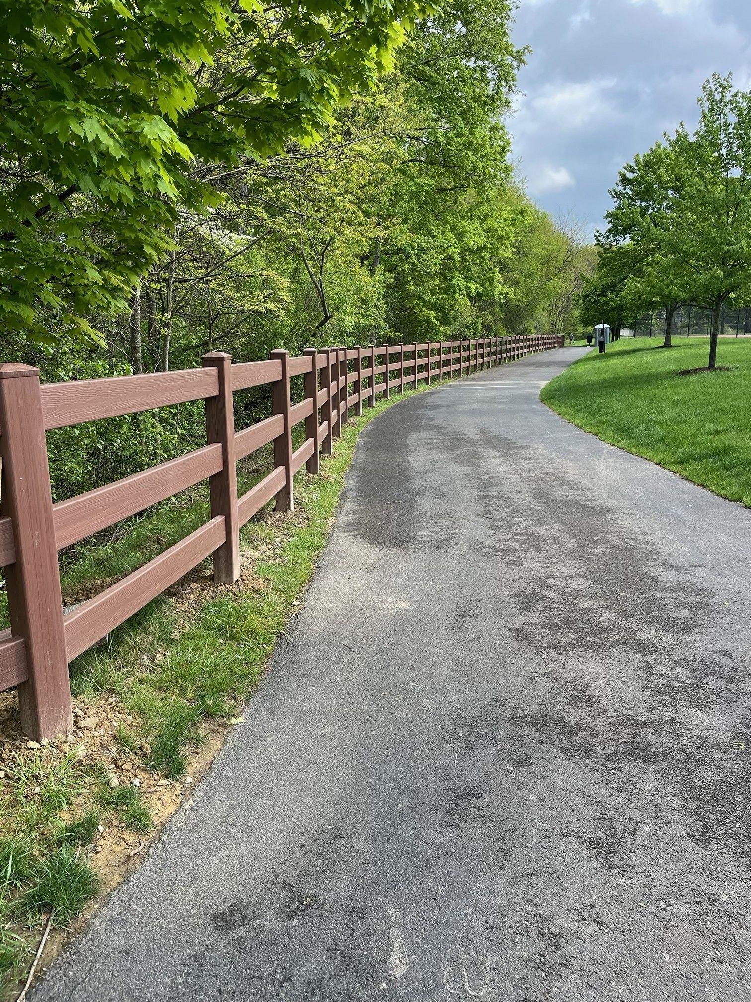 Curving paved path beside a brown wooden fence and green trees on a sunny day