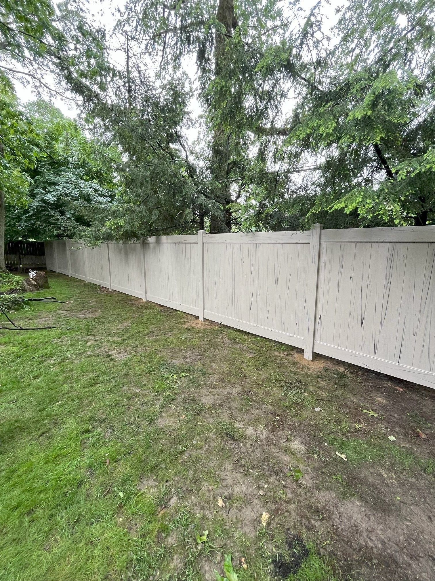 White wooden fence along a grassy yard with tall green trees overhead