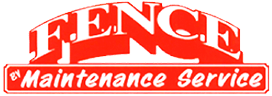 Red and white logo reading “FENCE & Maintenance Service” with a fence silhouette above the text