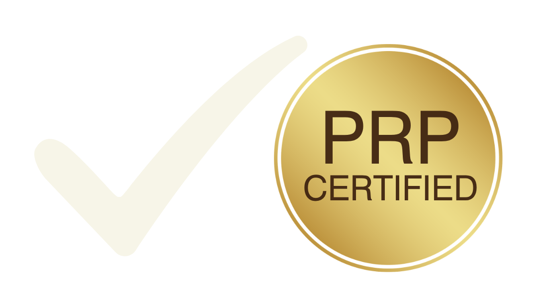 A light checkmark next to a gold circular badge that reads 