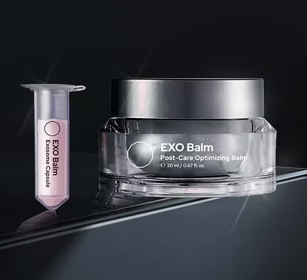 A cosmetic product set, featuring a balm jar and a capsule against a dark background.