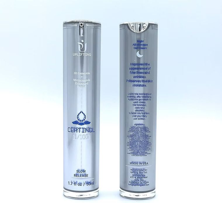 Two silver Certinol anti-wrinkle lotion bottles. Front displays logo and product name, back has text.