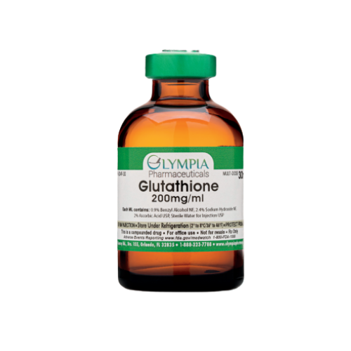 Glass vial of Glutathione 200mg/ml injection from Olympia Pharmaceuticals. Dark amber bottle with green cap and label.